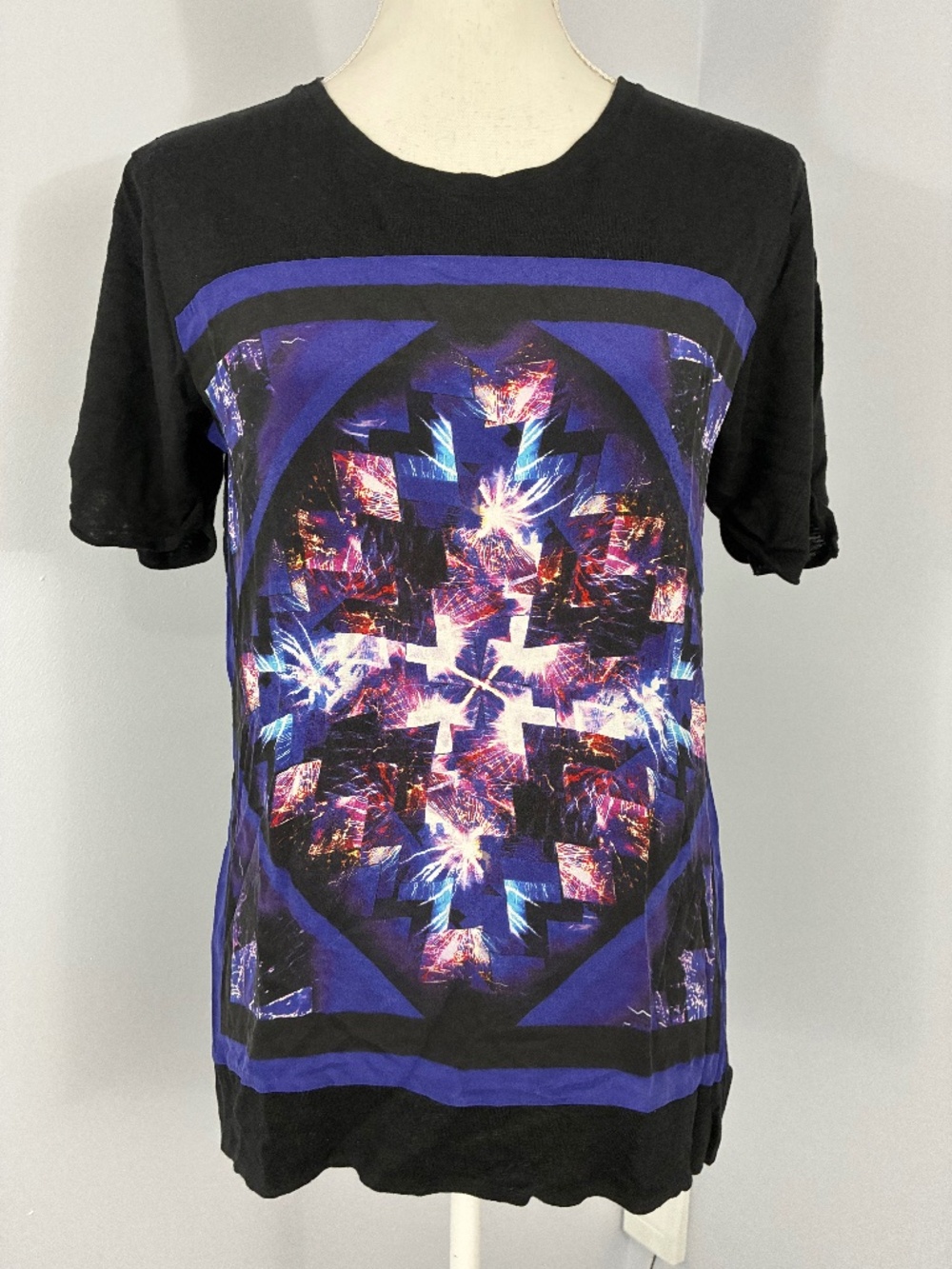 Sandro Silk T-Shirt L Graphic Crystal Firework Psychedelic Tee Linen Black Top